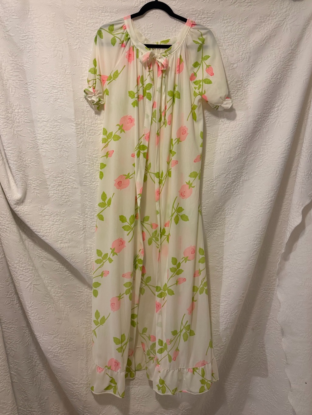 Vintage Floral Peignoir Robe Pink Rose Ivory Sheer Long Dressing Gown Cottagecor